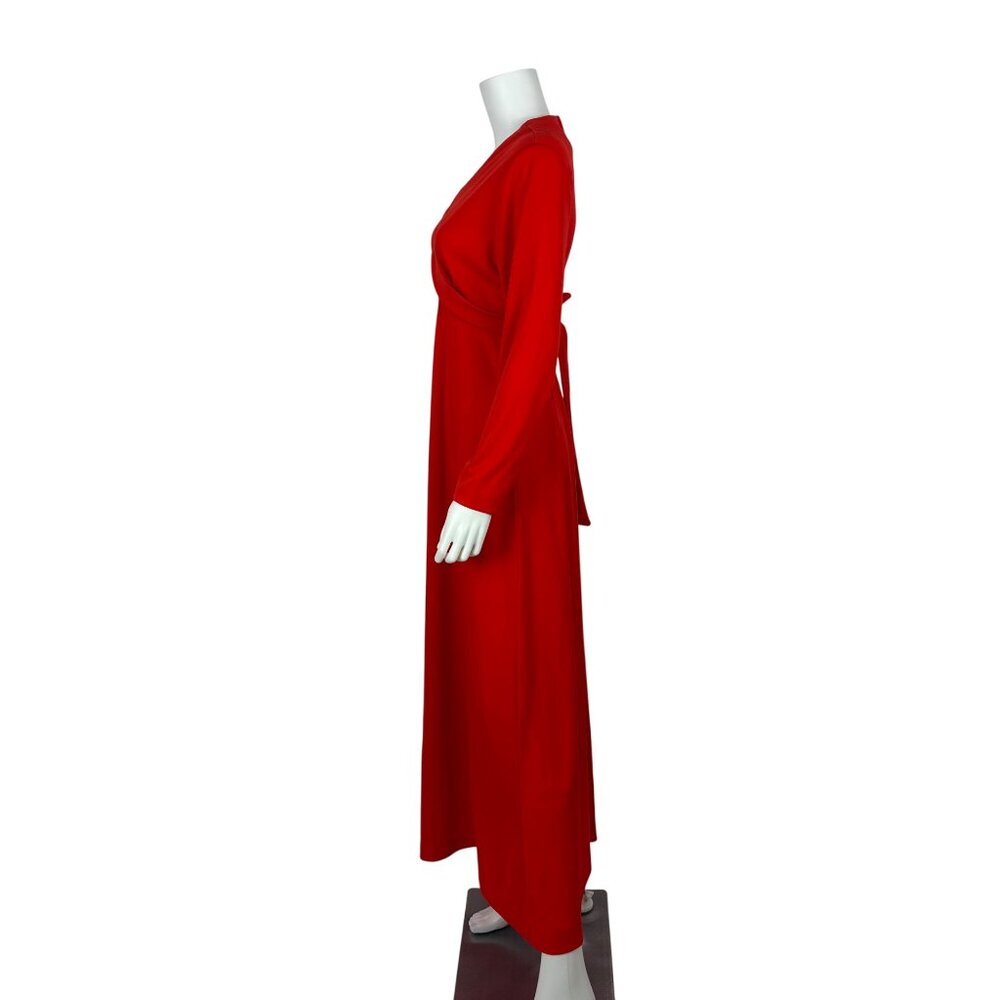 Vintage 70s Maxi Dress Womens M Red Faux Wrap Cross Tie Long Sleeve Polyester - Picture 7 of 10